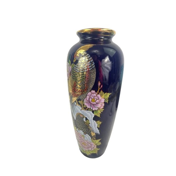 Vintage Hand-Painted Peacock & Floral Vase 12" Tall 5" Wide Ceramic For Home Dec - Picture 8 of 9